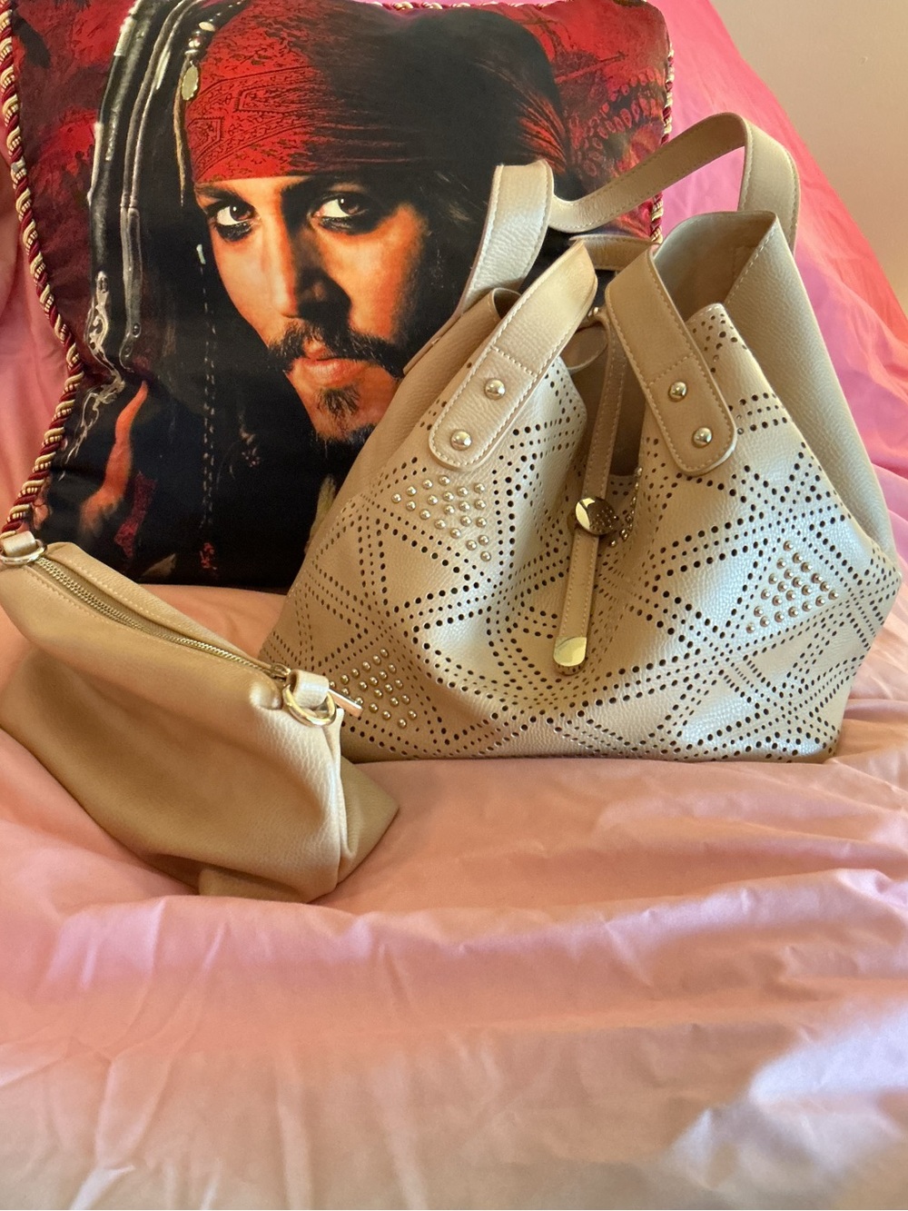 Beige Laser-Cut Hobo Tote with Matching Pouch